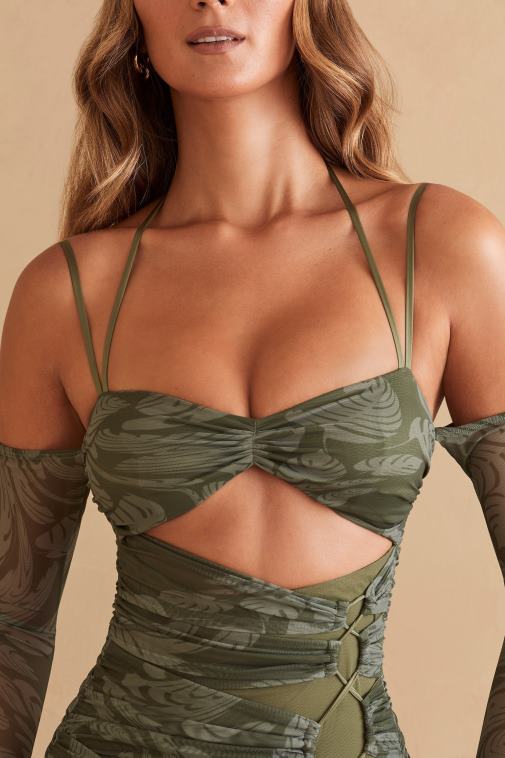 nők Oh Polly olíva nyomat asli hosszú ujjú paneles miniruha 6F8P8321