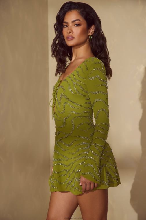 nők Oh Polly olajbogyó estelle hosszú ujjú, fűzős miniruha 6F8P856