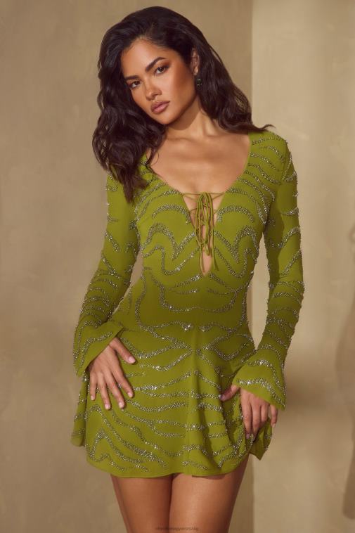 nők Oh Polly olajbogyó estelle hosszú ujjú, fűzős miniruha 6F8P856