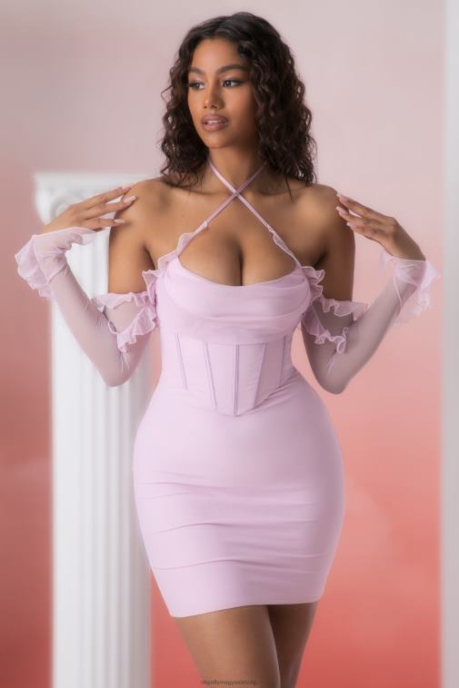 nők Oh Polly rózsaszín makaria fodros részlet burkolat nyakú mini ruha 6F8P8445