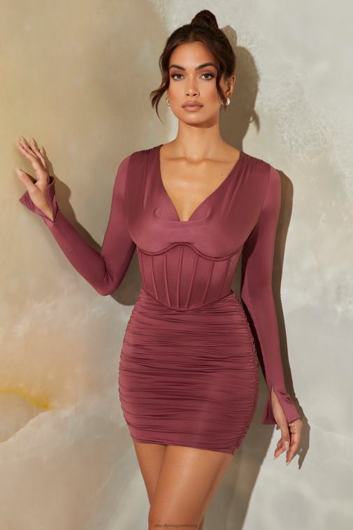 nők Oh Polly sötétmályva della hosszú ujjú burkolatú nyakú fűzős miniruha 6F8P8373