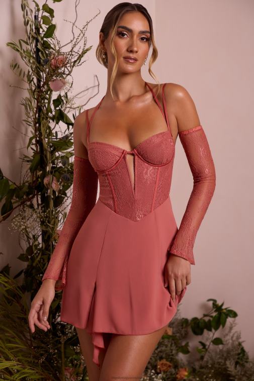 nők Oh Polly terrakotta maelle csipke ujjú a vonalú miniruha 6F8P8265