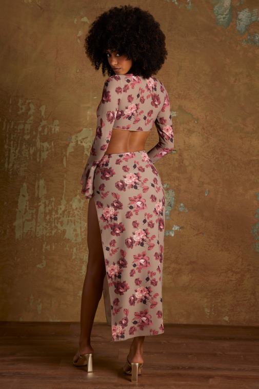 nők Oh Polly bézs nyomat lapos oldalra osztott midaxi szoknya 6F8P8802